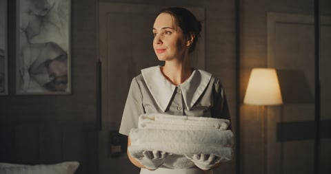 Hotel maid in classic uniform with white gloves holds clean soft towels, standing in elegant hotel bedroom.