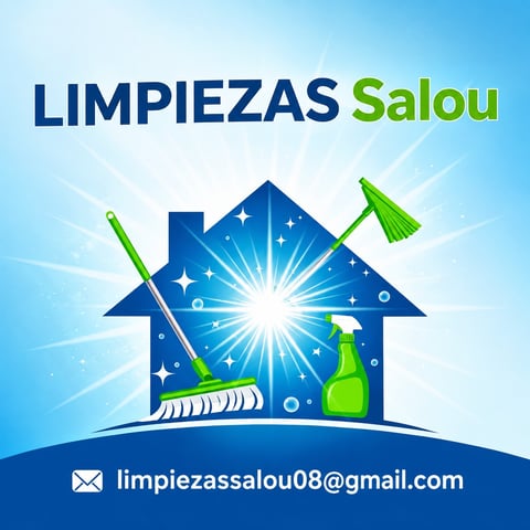 Limpiezas Salou logo featuring a blue house with cleaning tools and bright starburst, email contact below